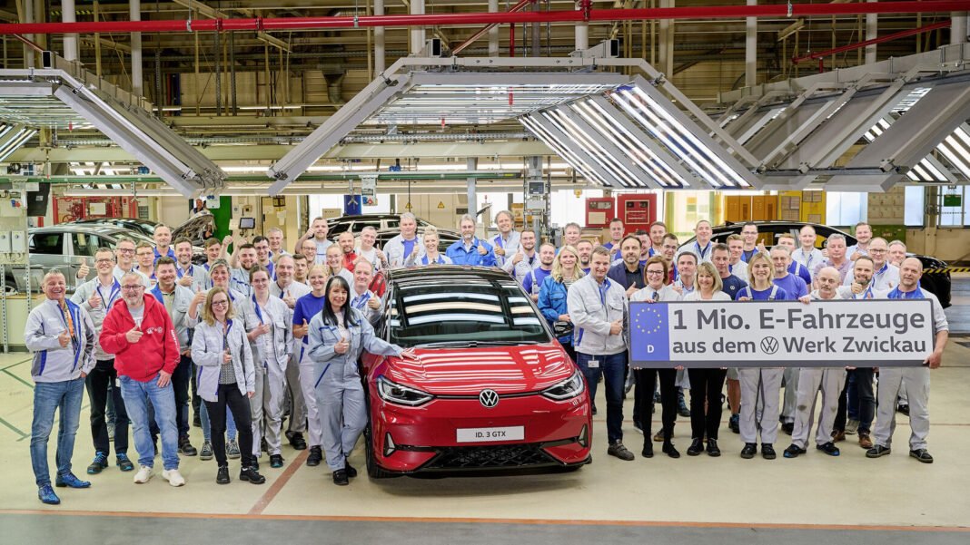 The one millionth electric vehicle rolls off the production line at the Volkswagen plant in Zwickau